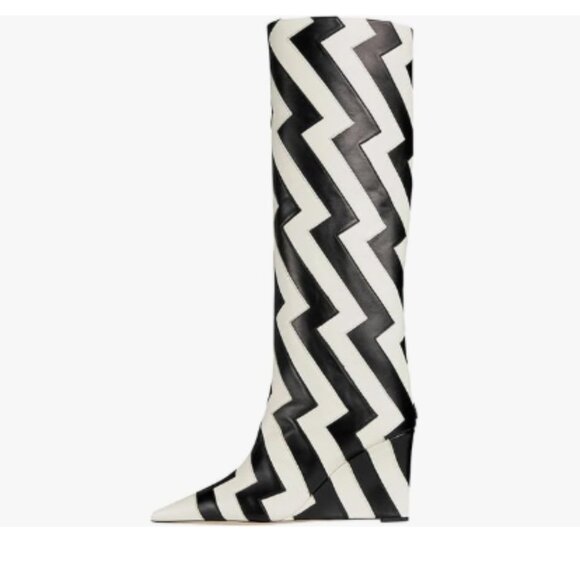 FSJ Black Stripes Wedge Heel Pointed Toe Thigh High Boots Thick High Heel Boots